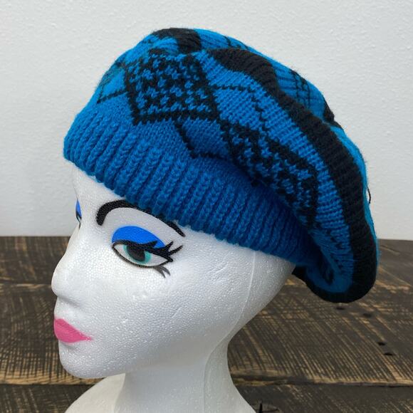 Vintage Blue Knit Beret Top Tassel Black Geometric Pattern Phillipines 80s 90s - Picture 3 of 12